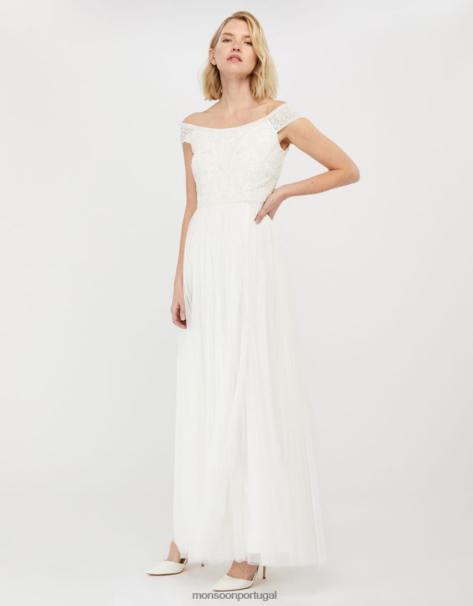 roupas vestido de noiva bardot emmeline decorado Monsoon mulheres marfim RPLH8F1130