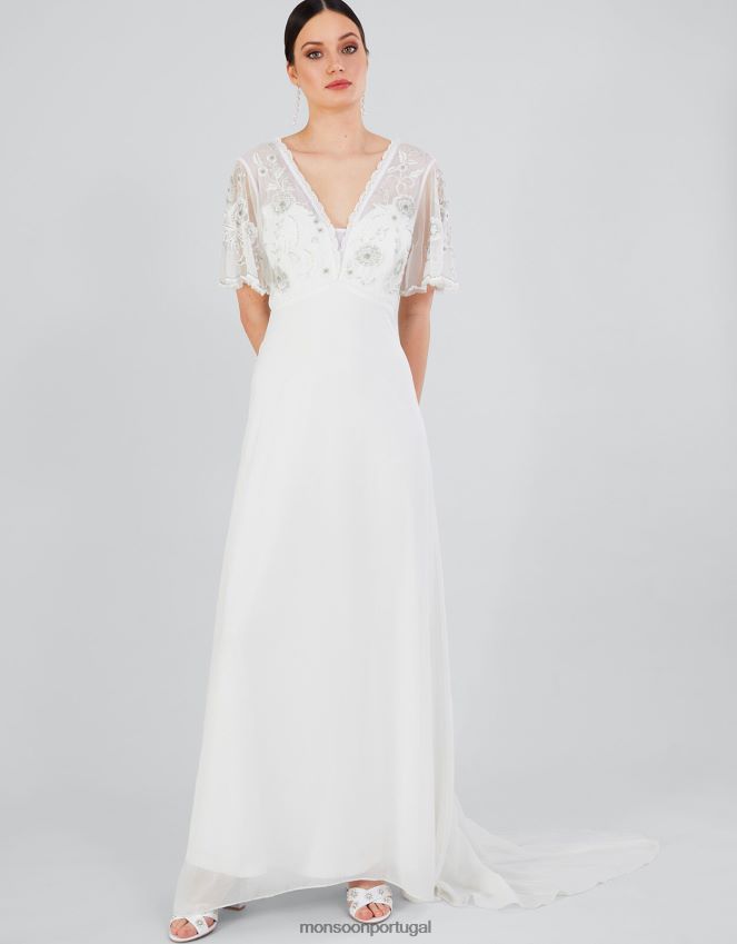 roupas vestido de noiva bordado liz Monsoon mulheres marfim RPLH8F704