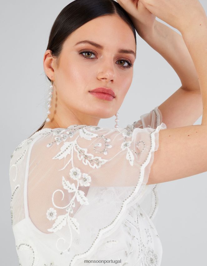 roupas vestido de noiva bordado liz Monsoon mulheres marfim RPLH8F704