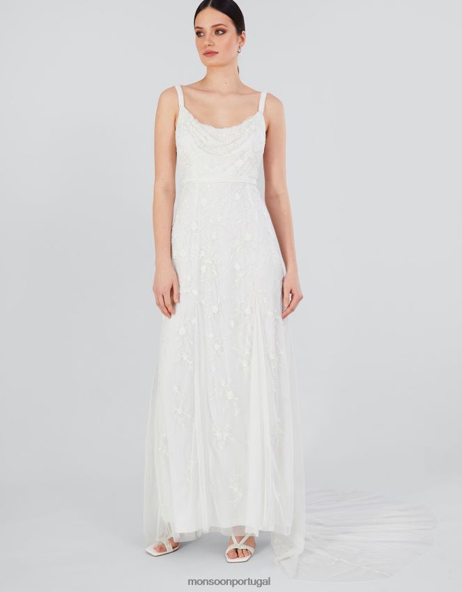 roupas vestido de noiva com decote em azevinho embelezado Monsoon mulheres marfim RPLH8F392