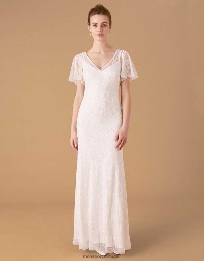 roupas vestido de noiva com manga esvoaçante embelezado com gatinho Monsoon mulheres marfim RPLH8F1160