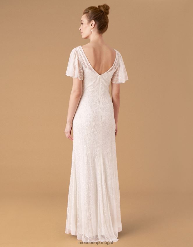 roupas vestido de noiva com manga esvoaçante embelezado com gatinho Monsoon mulheres marfim RPLH8F1160