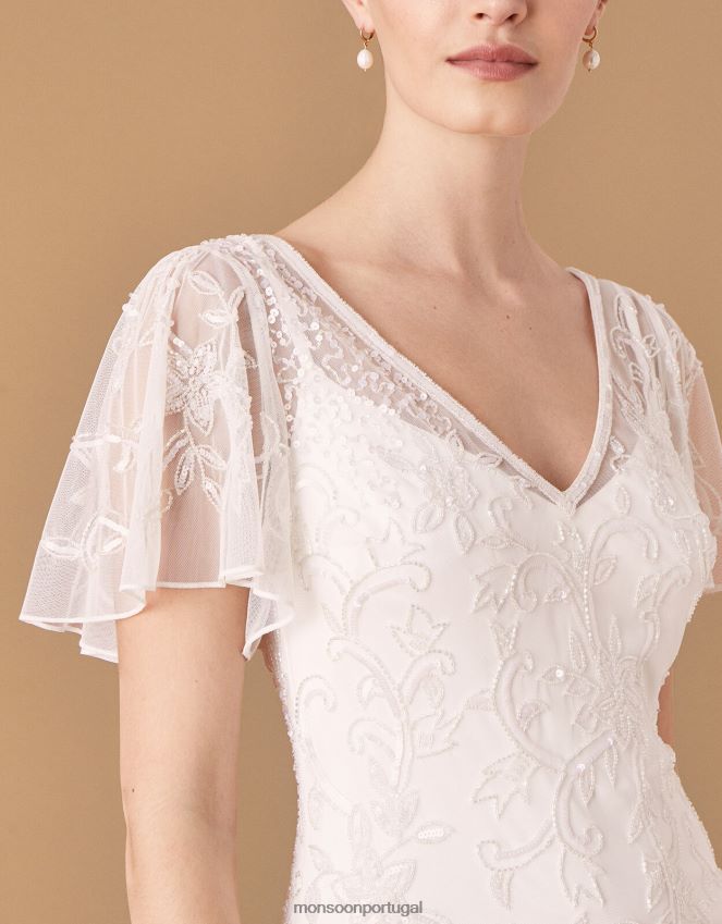 roupas vestido de noiva com manga esvoaçante embelezado com gatinho Monsoon mulheres marfim RPLH8F1160