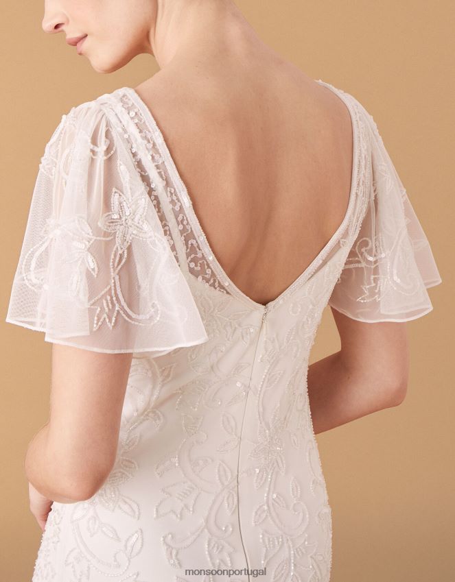 roupas vestido de noiva com manga esvoaçante embelezado com gatinho Monsoon mulheres marfim RPLH8F1160