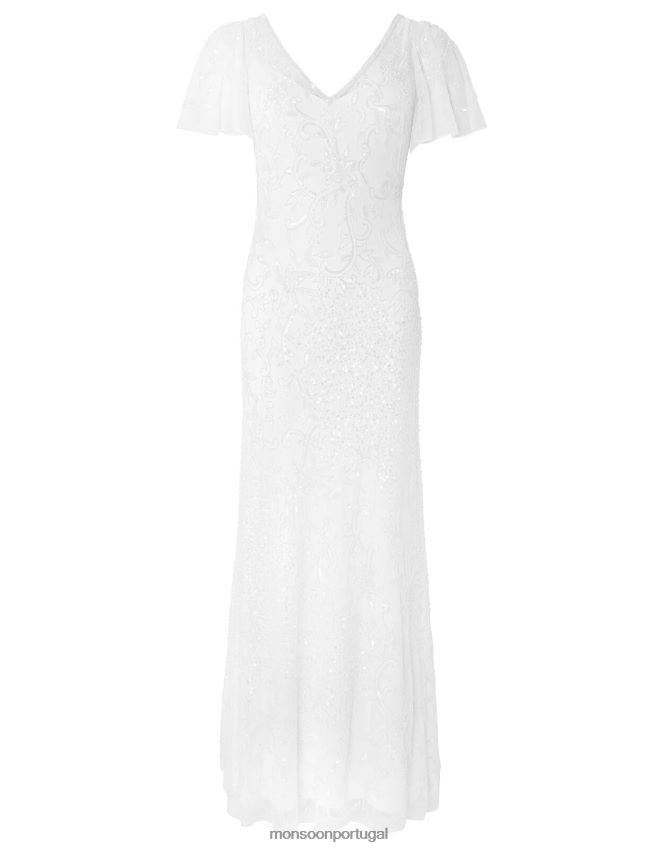 roupas vestido de noiva com manga esvoaçante embelezado com gatinho Monsoon mulheres marfim RPLH8F1160