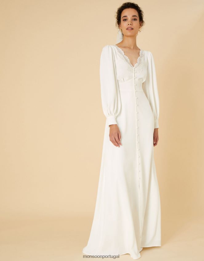 roupas vestido de noiva de renda de manga longa cecilia Monsoon mulheres marfim RPLH8F1119