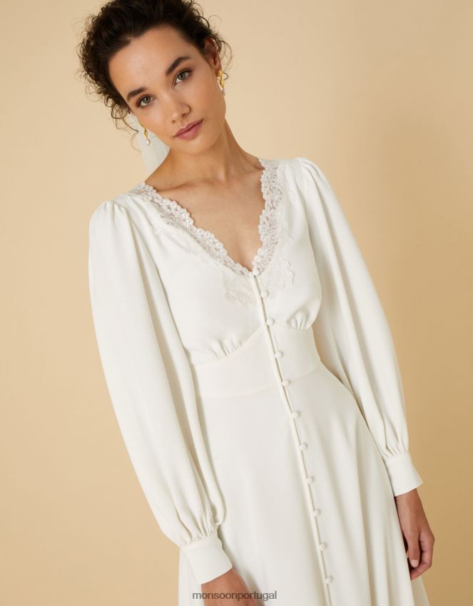 roupas vestido de noiva de renda de manga longa cecilia Monsoon mulheres marfim RPLH8F1119