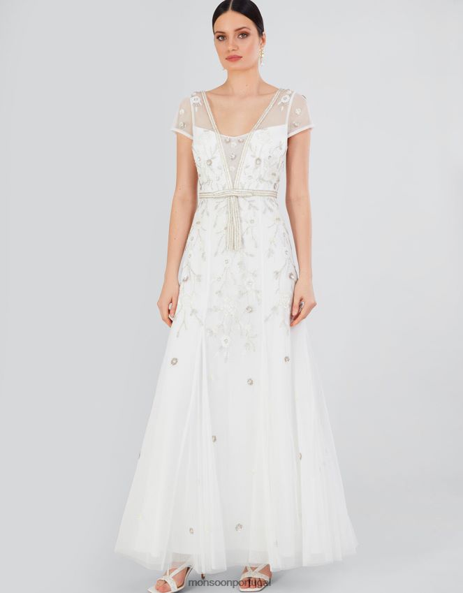 roupas vestido maxi bordado michelle Monsoon mulheres marfim RPLH8F620