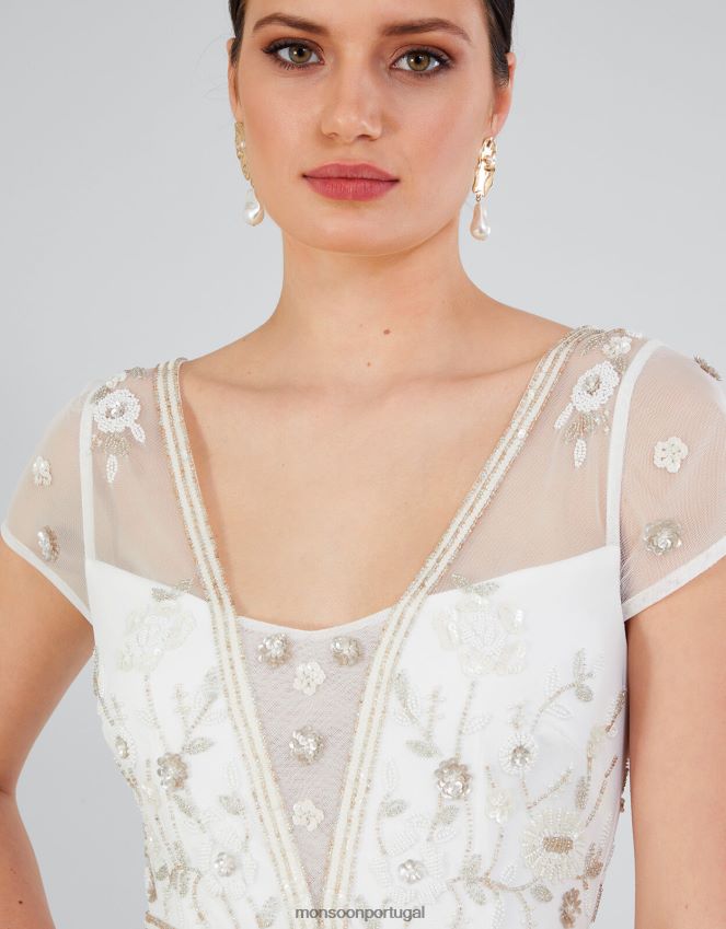 roupas vestido maxi bordado michelle Monsoon mulheres marfim RPLH8F620