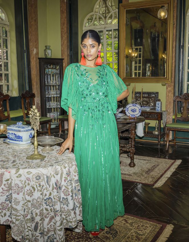 roupas Vestido maxi decorado com ottilie em poliéster reciclado Monsoon mulheres verde RPLH8F1181