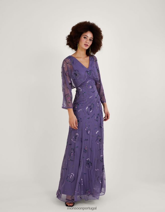 roupas Vestido maxi embelezado peggy em poliéster reciclado Monsoon mulheres roxo RPLH8F1002