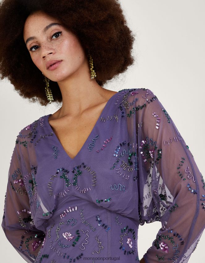 roupas Vestido maxi embelezado peggy em poliéster reciclado Monsoon mulheres roxo RPLH8F1002