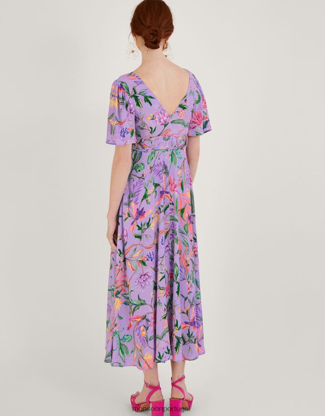 roupas Vestido midi com estampa calypso em viscose sustentável Monsoon mulheres roxo (lilás) RPLH8F1001