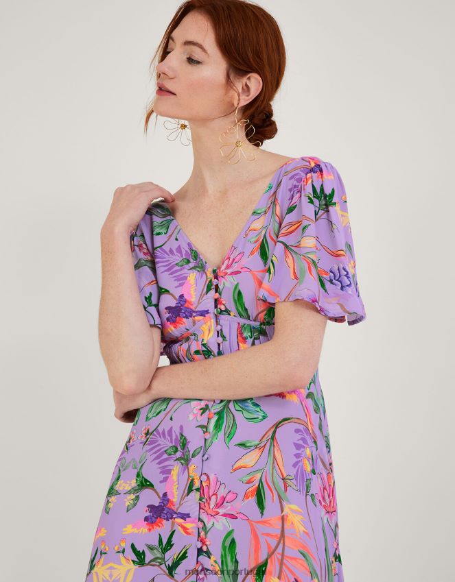 roupas Vestido midi com estampa calypso em viscose sustentável Monsoon mulheres roxo (lilás) RPLH8F1001