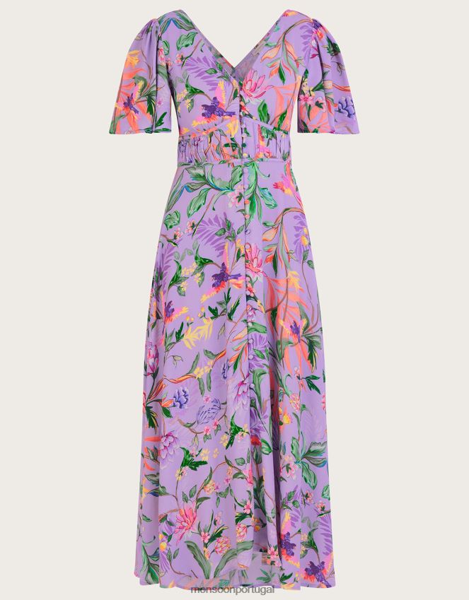 roupas Vestido midi com estampa calypso em viscose sustentável Monsoon mulheres roxo (lilás) RPLH8F1001
