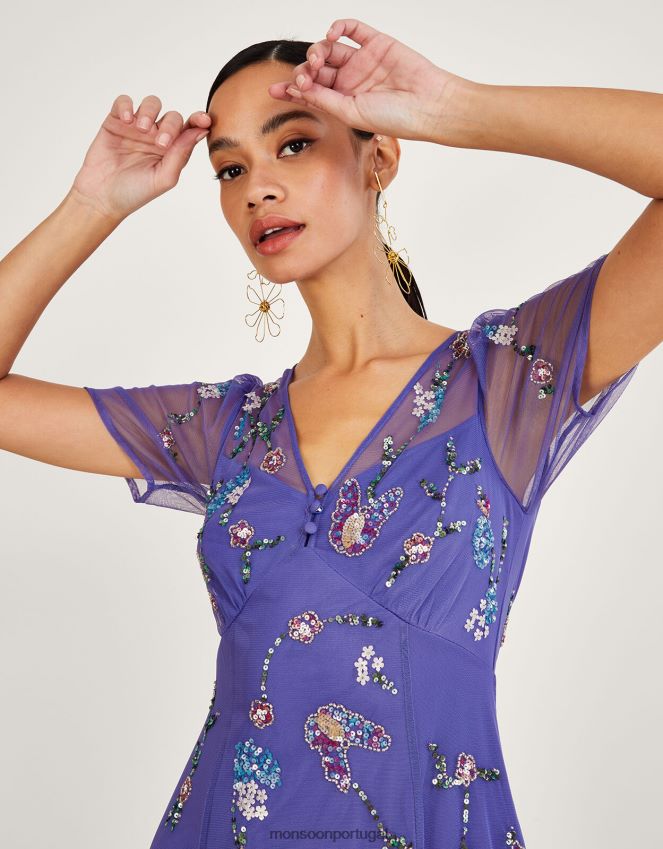 roupas Vestido midi decorado com Kathy em poliéster reciclado Monsoon mulheres azul RPLH8F1088