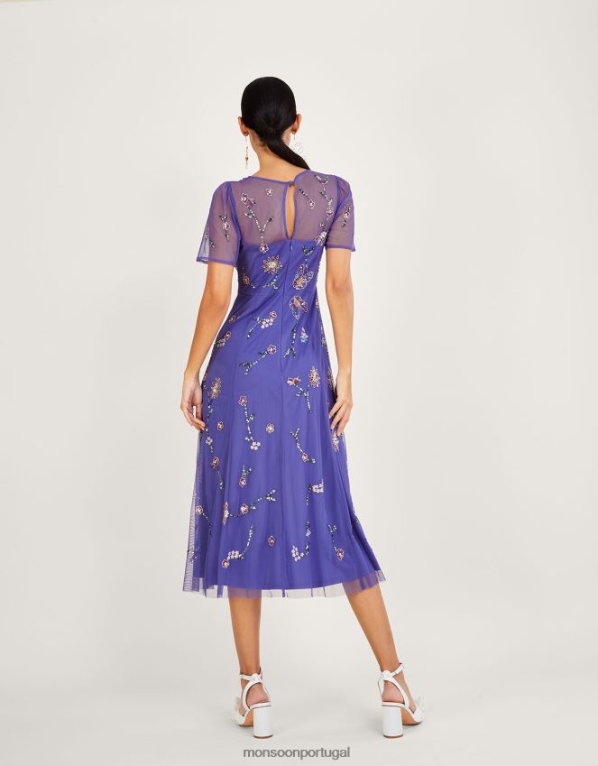 roupas Vestido midi decorado com Kathy em poliéster reciclado Monsoon mulheres azul RPLH8F1088
