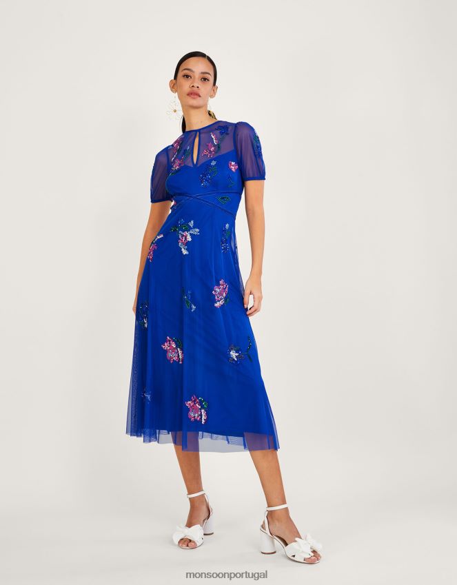 roupas Vestido midi decorado phoebe em poliéster reciclado Monsoon mulheres azul (cobalto) RPLH8F1030