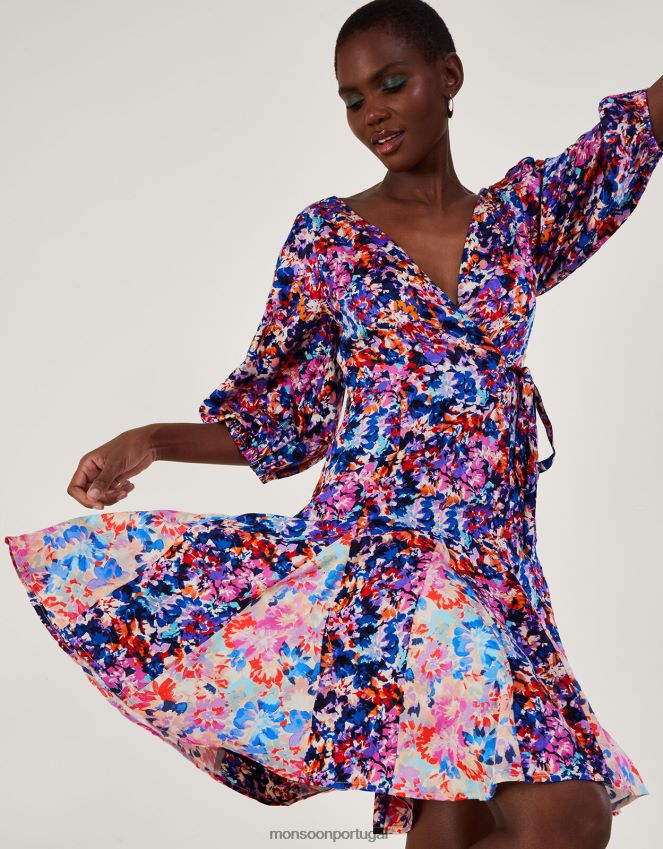 roupas Vestido plissado com estampa palmer em viscose sustentável Monsoon mulheres azul RPLH8F236