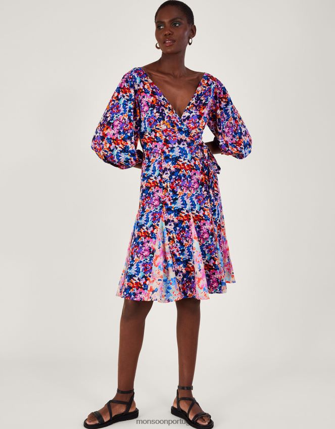 roupas Vestido plissado com estampa palmer em viscose sustentável Monsoon mulheres azul RPLH8F236