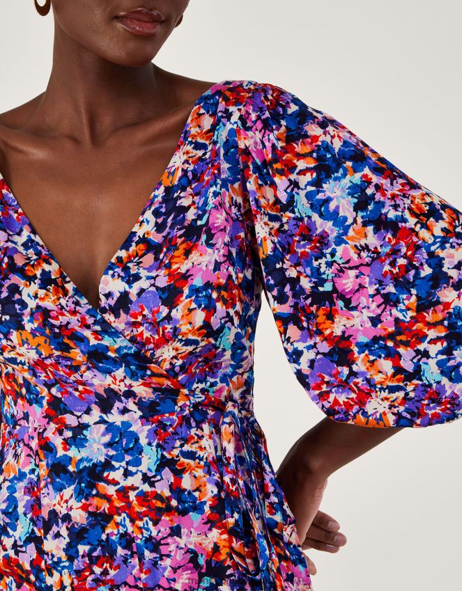 roupas Vestido plissado com estampa palmer em viscose sustentável Monsoon mulheres azul RPLH8F236