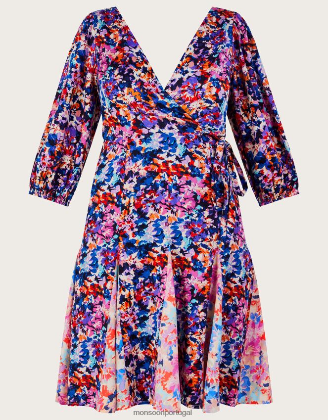 roupas Vestido plissado com estampa palmer em viscose sustentável Monsoon mulheres azul RPLH8F236