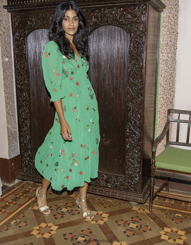 roupas botão simone através de vestido bordado em poliéster reciclado Monsoon mulheres verde RPLH8F769