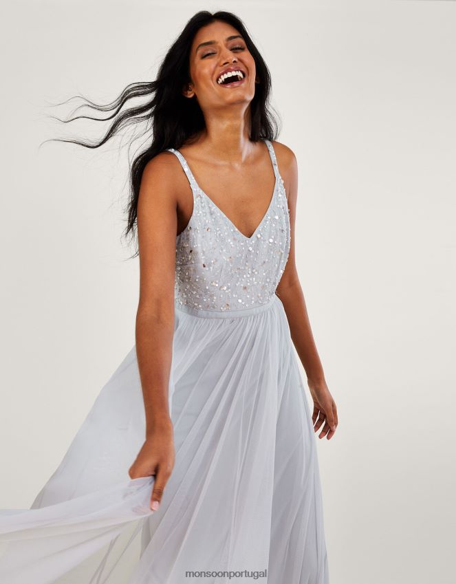 roupas maxi vestido de outono embelezado em poliéster reciclado Monsoon mulheres prata RPLH8F383