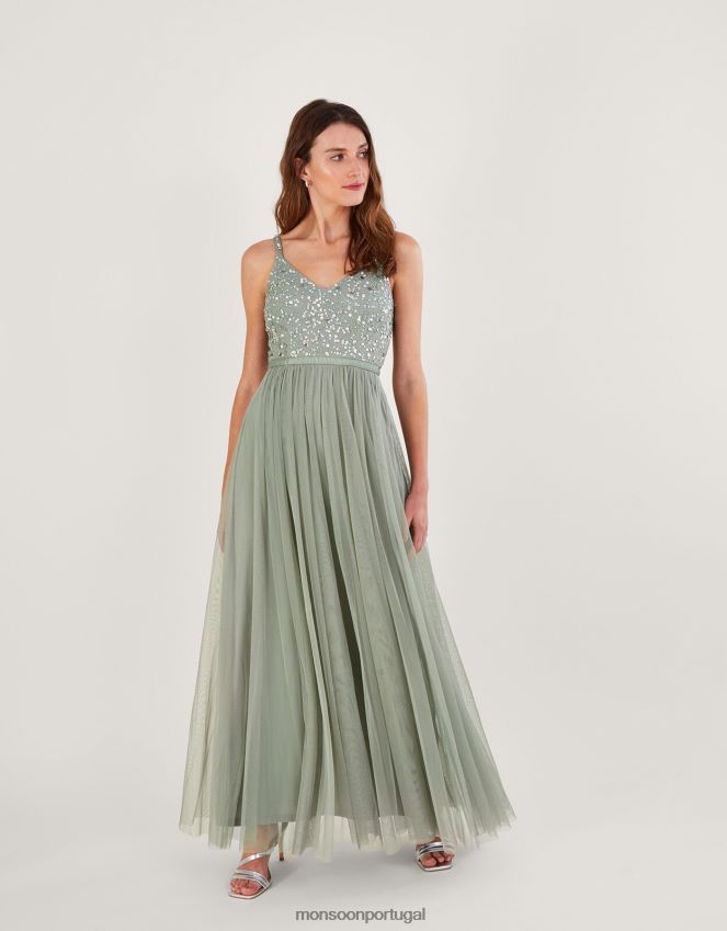 roupas maxi vestido de outono embelezado em poliéster reciclado Monsoon mulheres verde RPLH8F542