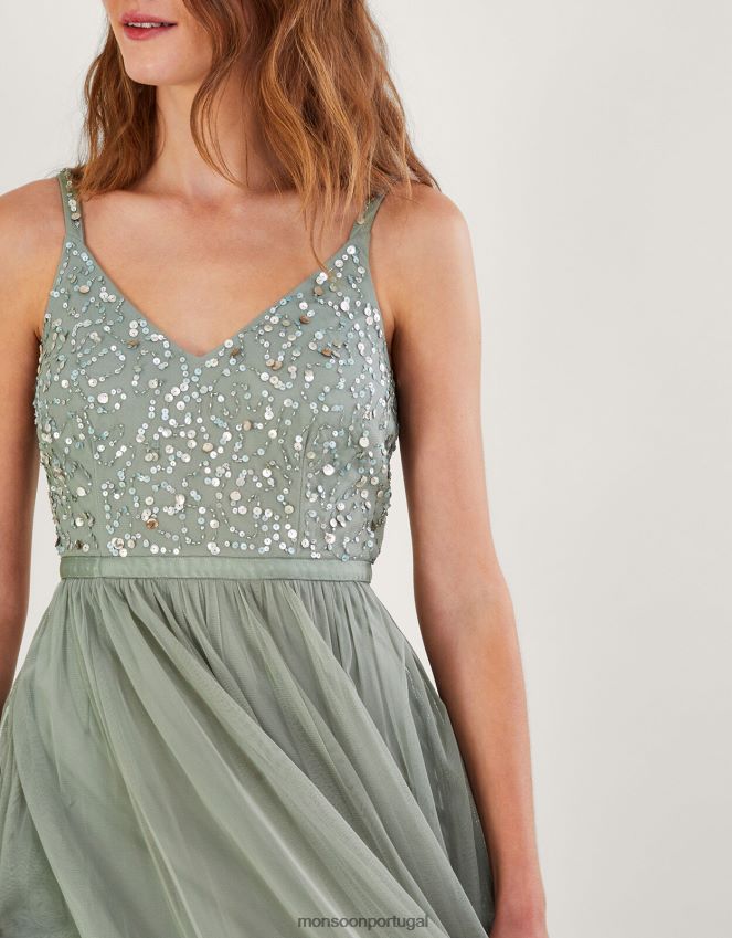roupas maxi vestido de outono embelezado em poliéster reciclado Monsoon mulheres verde RPLH8F542