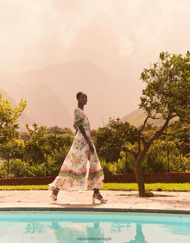 roupas um vestido maxi com estampa floral metálico Monsoon mulheres marfim RPLH8F823