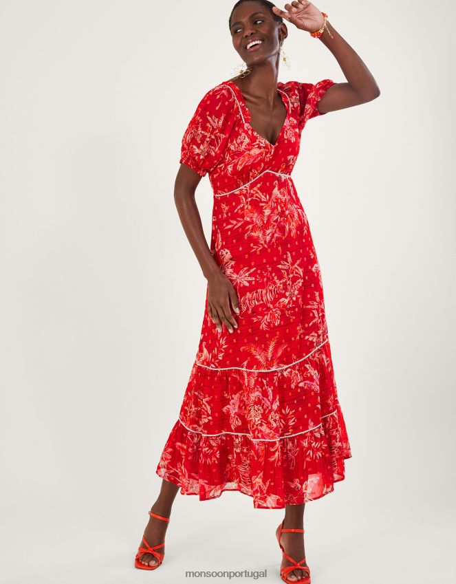 roupas vestido arielle estampado em camadas com viscose sustentável Monsoon mulheres vermelho RPLH8F938