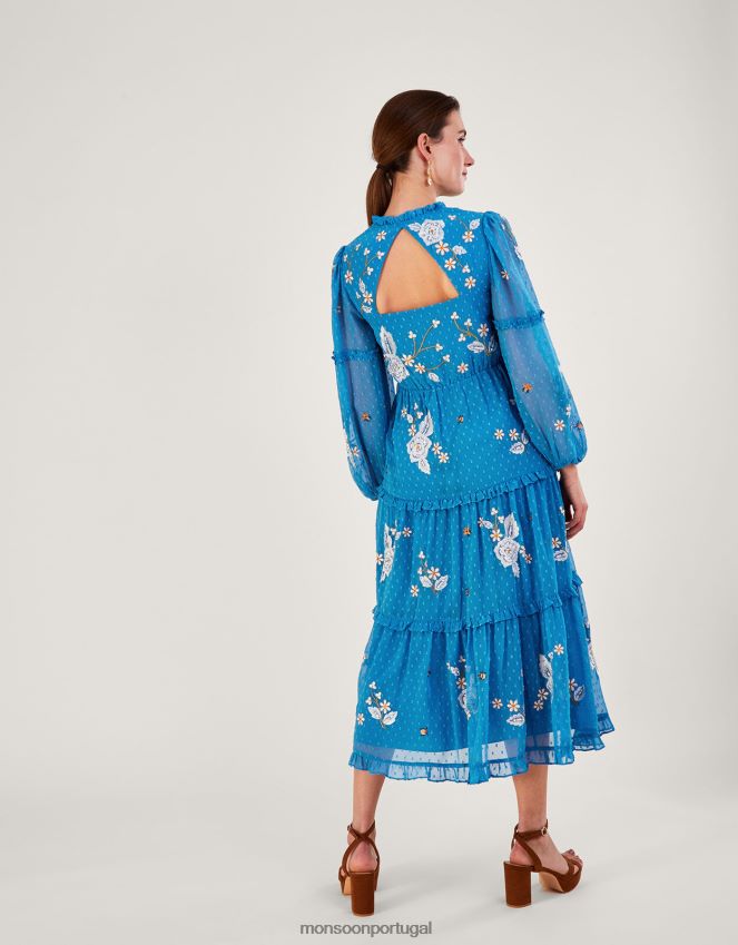 roupas vestido belle em camadas em poliéster reciclado Monsoon mulheres azul RPLH8F874