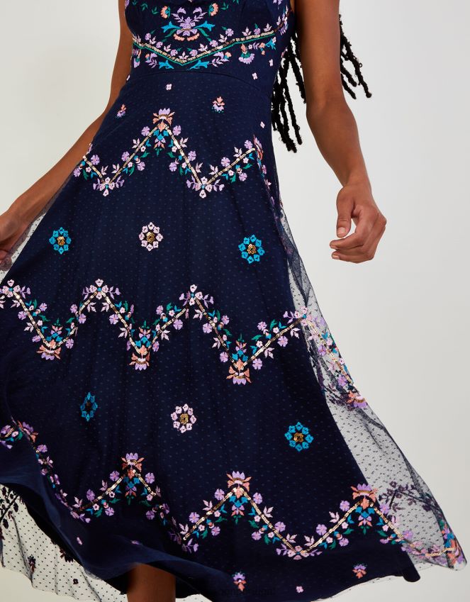 roupas vestido bordado com alça e folho fiorella Monsoon mulheres azul-marinho) RPLH8F661