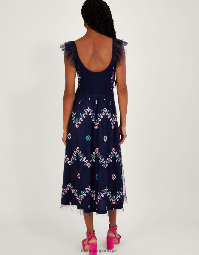 roupas vestido bordado com alça e folho fiorella Monsoon mulheres azul-marinho) RPLH8F661