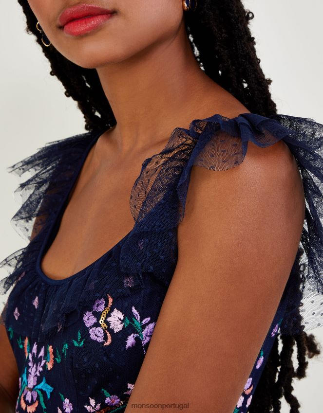 roupas vestido bordado com alça e folho fiorella Monsoon mulheres azul-marinho) RPLH8F661