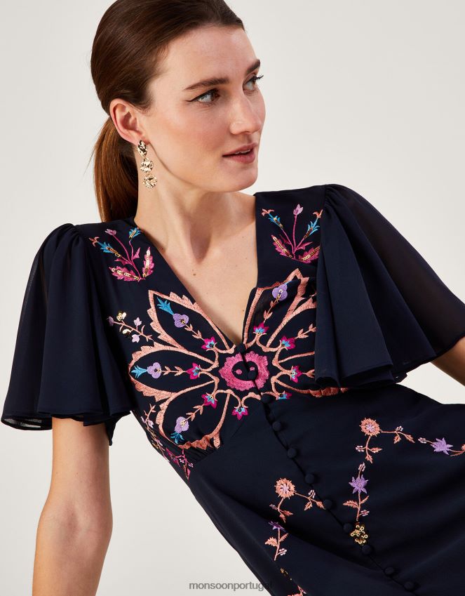 roupas vestido brittany bordado em poliéster reciclado Monsoon mulheres azul-marinho) RPLH8F1011