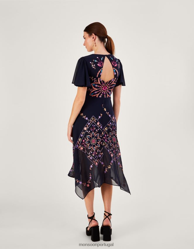 roupas vestido brittany bordado em poliéster reciclado Monsoon mulheres azul-marinho) RPLH8F1011