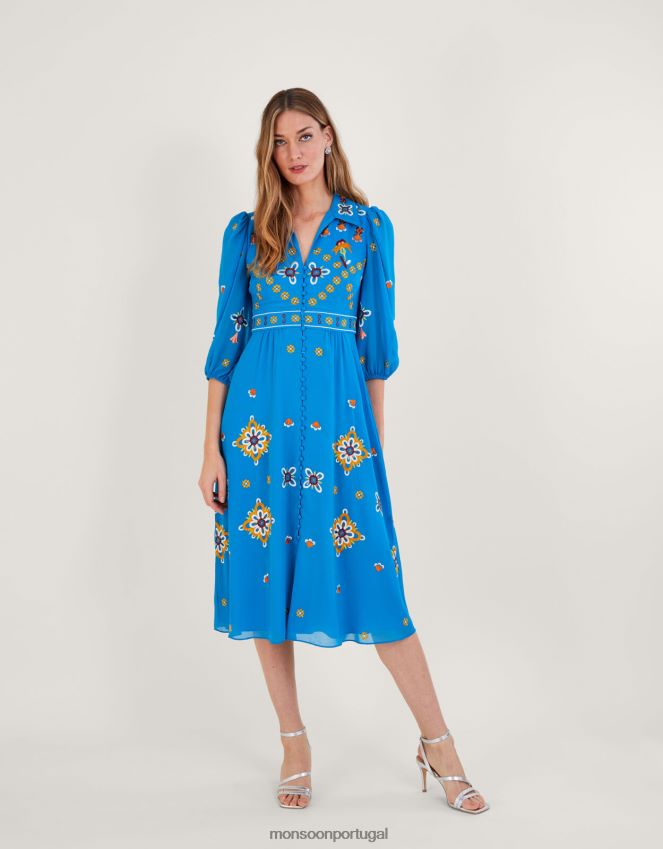 roupas vestido camisa blair bordado em poliéster reciclado Monsoon mulheres azul RPLH8F847