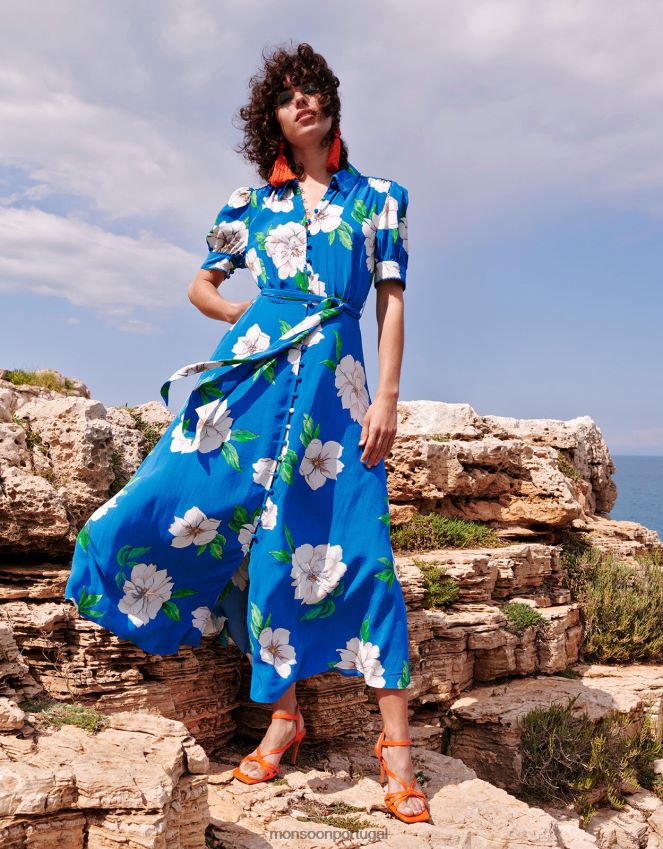 roupas vestido camisa milana embelezado em viscose sustentável Monsoon mulheres azul RPLH8F517