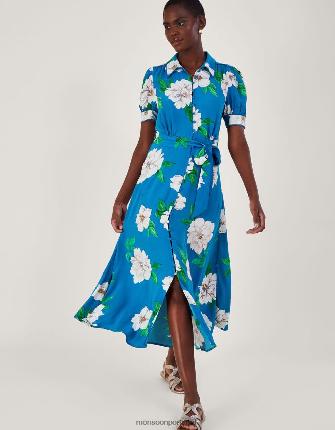 roupas vestido camisa milana embelezado em viscose sustentável Monsoon mulheres azul RPLH8F517