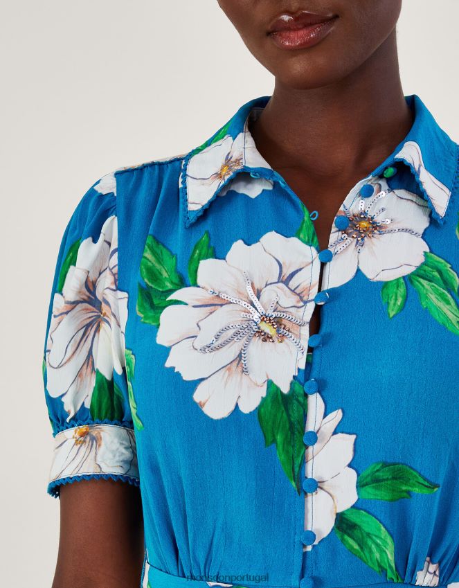roupas vestido camisa milana embelezado em viscose sustentável Monsoon mulheres azul RPLH8F517