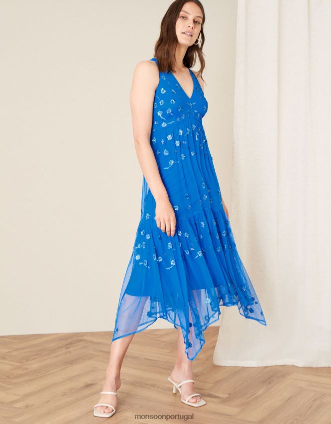 roupas vestido carmela com lantejoulas e bainha com lenço Monsoon mulheres azul RPLH8F1159