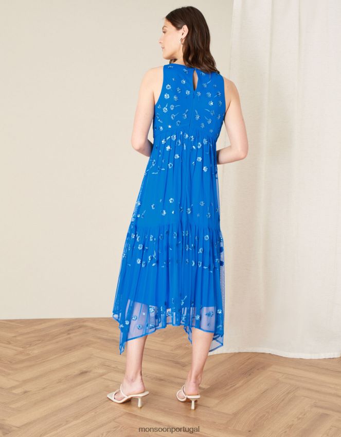 roupas vestido carmela com lantejoulas e bainha com lenço Monsoon mulheres azul RPLH8F1159