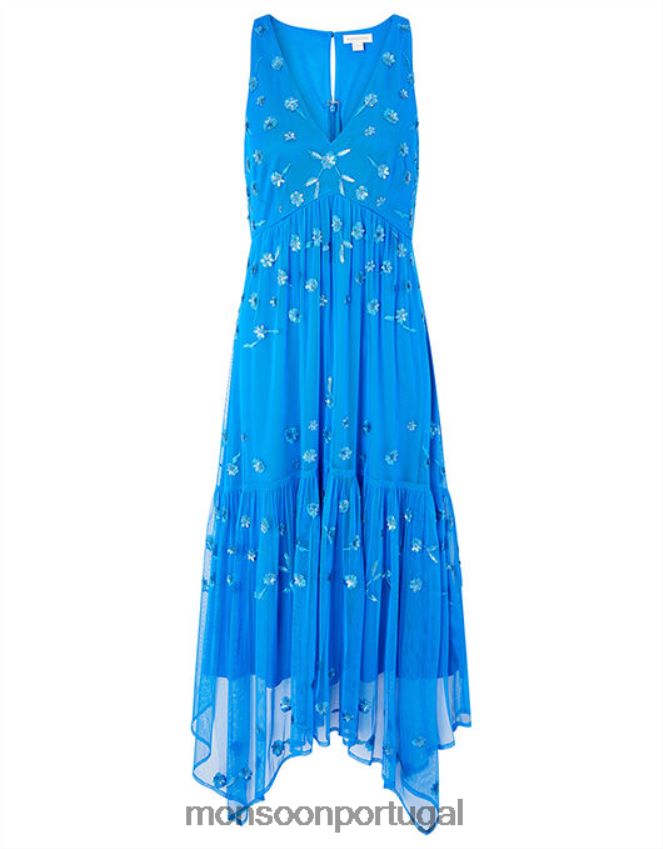 roupas vestido carmela com lantejoulas e bainha com lenço Monsoon mulheres azul RPLH8F1159