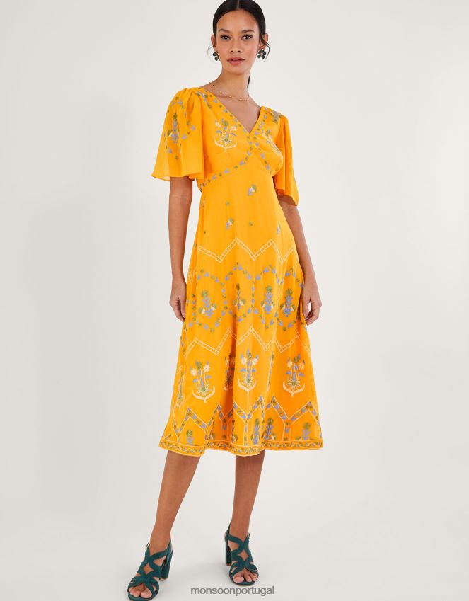 roupas vestido chá bordado margo em poliéster reciclado Monsoon mulheres amarelo RPLH8F741