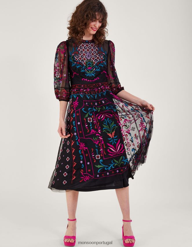 roupas vestido de chá bordado maddie Monsoon mulheres preto RPLH8F12