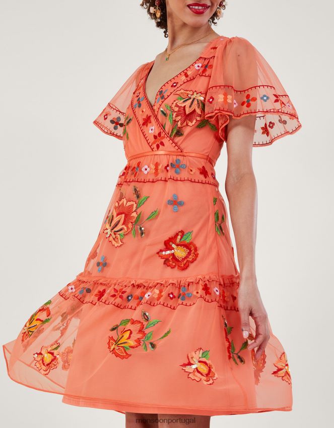 roupas vestido em camadas bordado ana em poliéster reciclado Monsoon mulheres laranja RPLH8F916