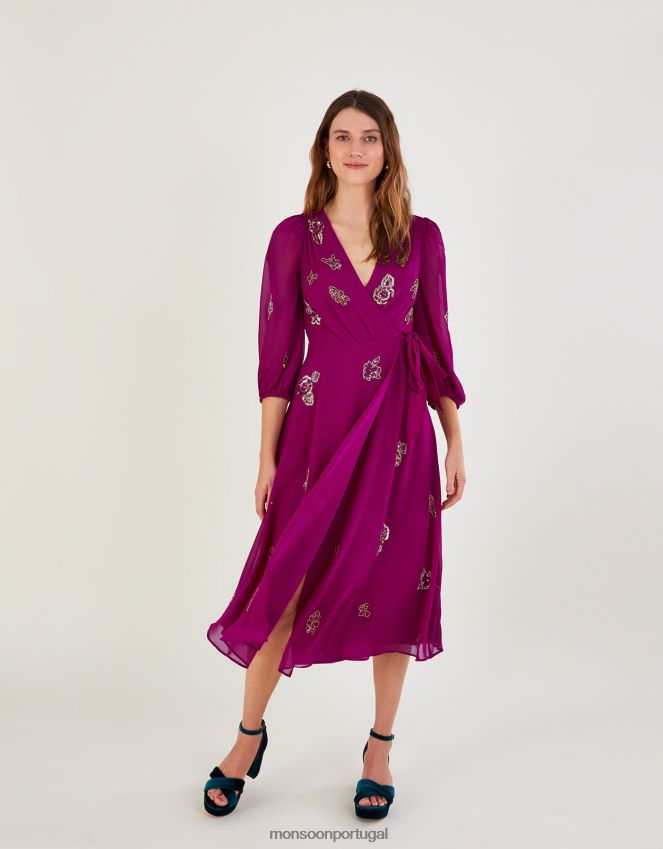 roupas vestido envolvente embelezado ava em poliéster reciclado Monsoon mulheres rosa RPLH8F1064