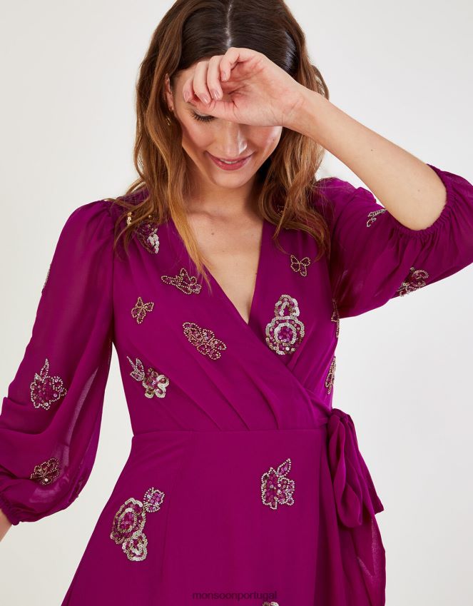 roupas vestido envolvente embelezado ava em poliéster reciclado Monsoon mulheres rosa RPLH8F1064